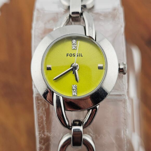 Fossil Silver Tone Bracelet Watch Bright Yellow Dial ESB-2427 Project Needs TLC - Picture 2 of 8